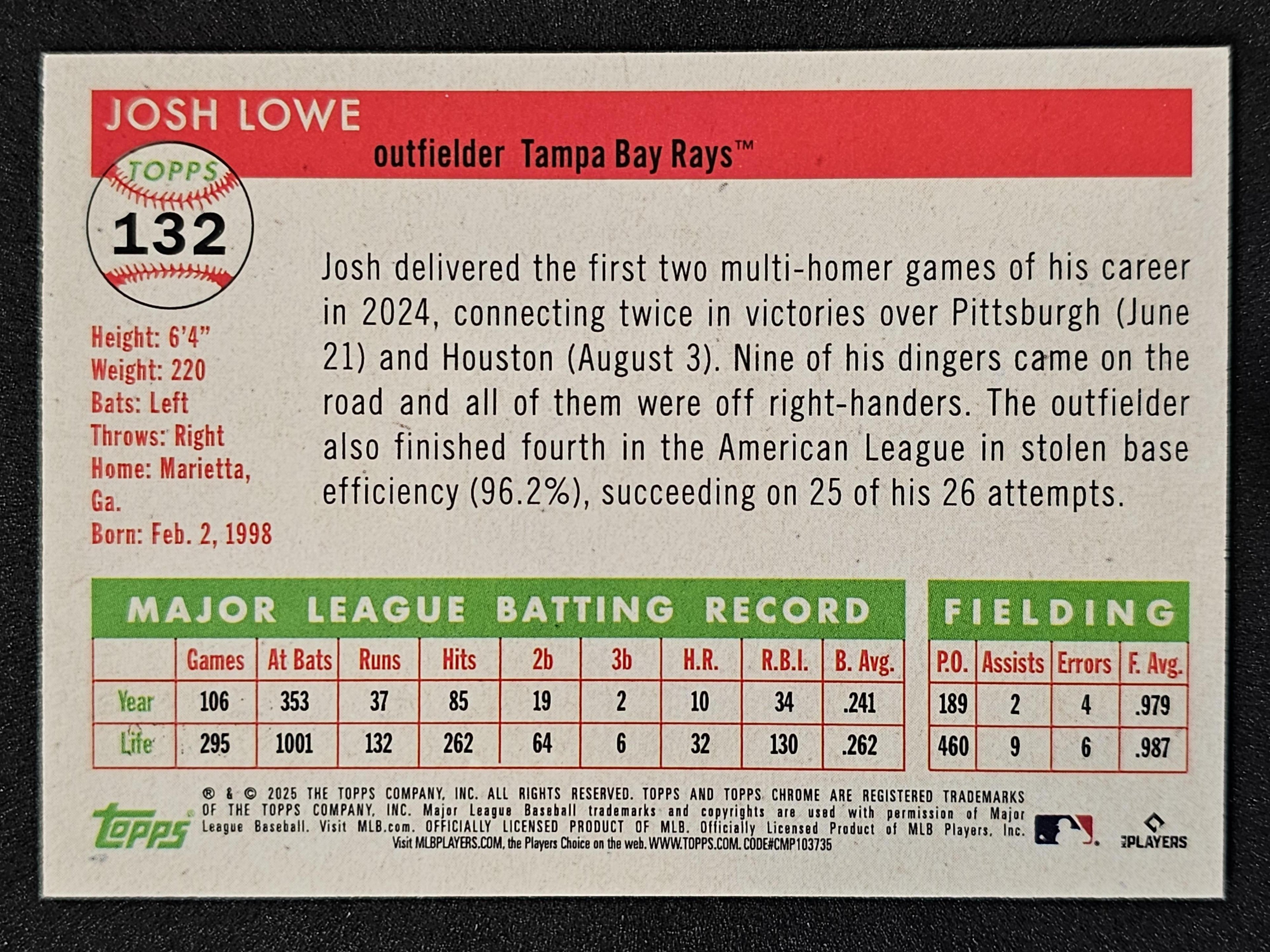 2025 Topps Chrome Platinum #132 Josh Lowe Blue Vibrations Refractors #/150