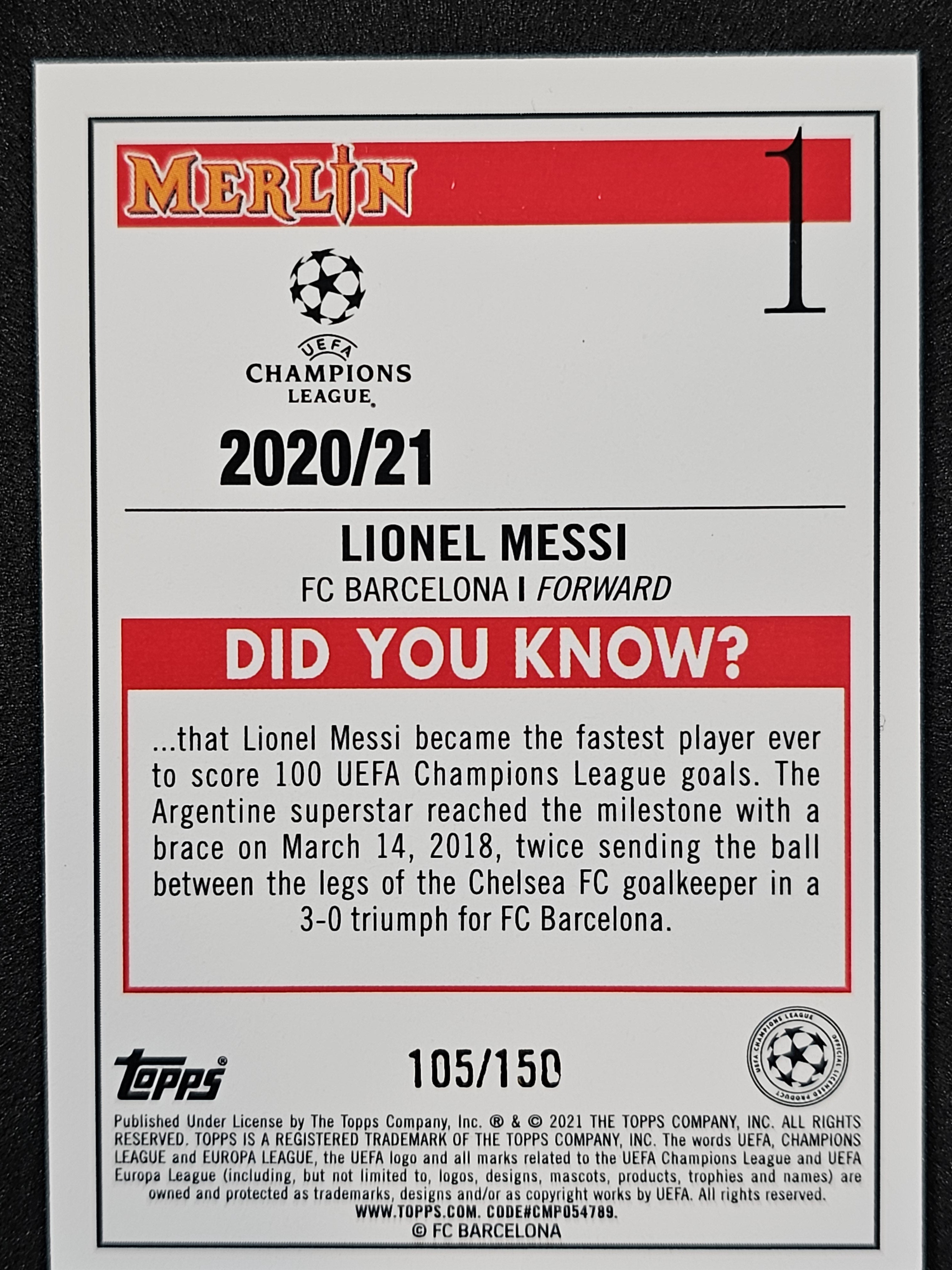 2020-21 Merlin UEFA Champions League #1 Lionel Messi Speckle #/150
