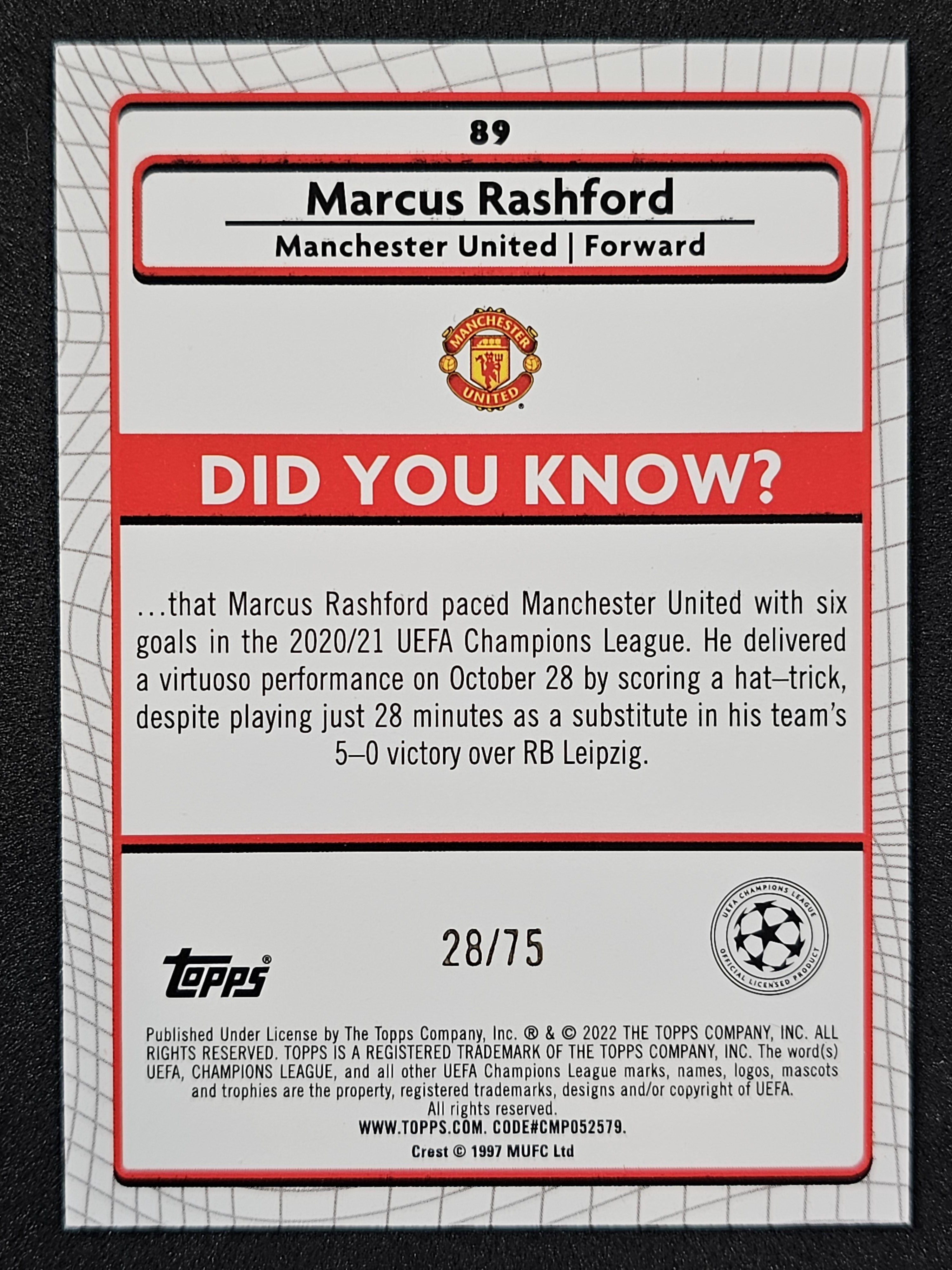 2021-22 Merlin UEFA Champions League #89 Marcus Rashford Blue Refractor #/75