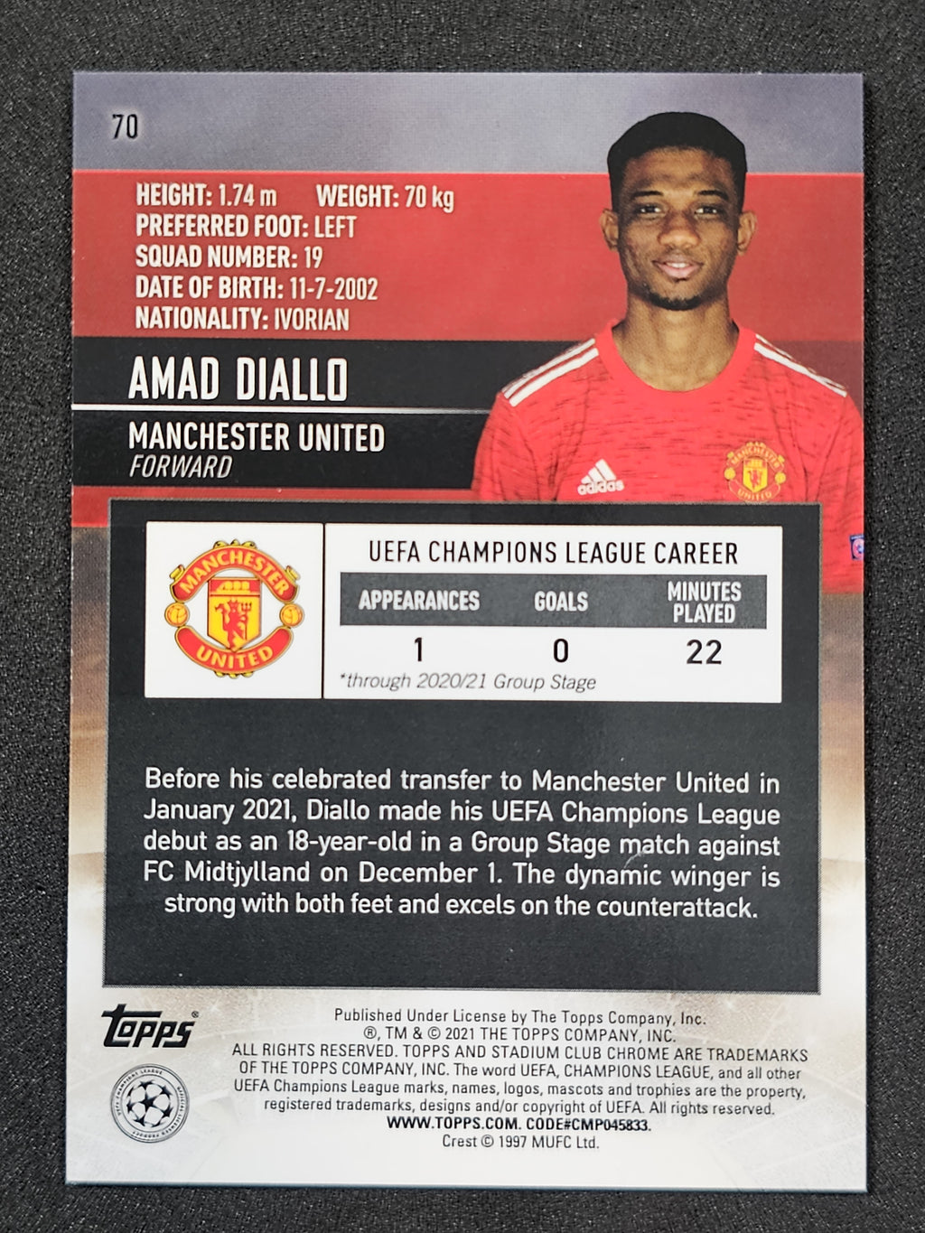 2020-21 Stadium Club Chrome UEFA Champions League #70 Amad Diallo