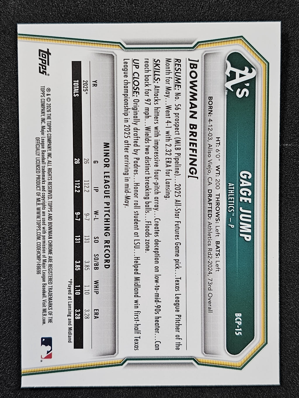 2026 Bowman #BCP-15 Gage Jump Chrome Prospects Mojo Refractor