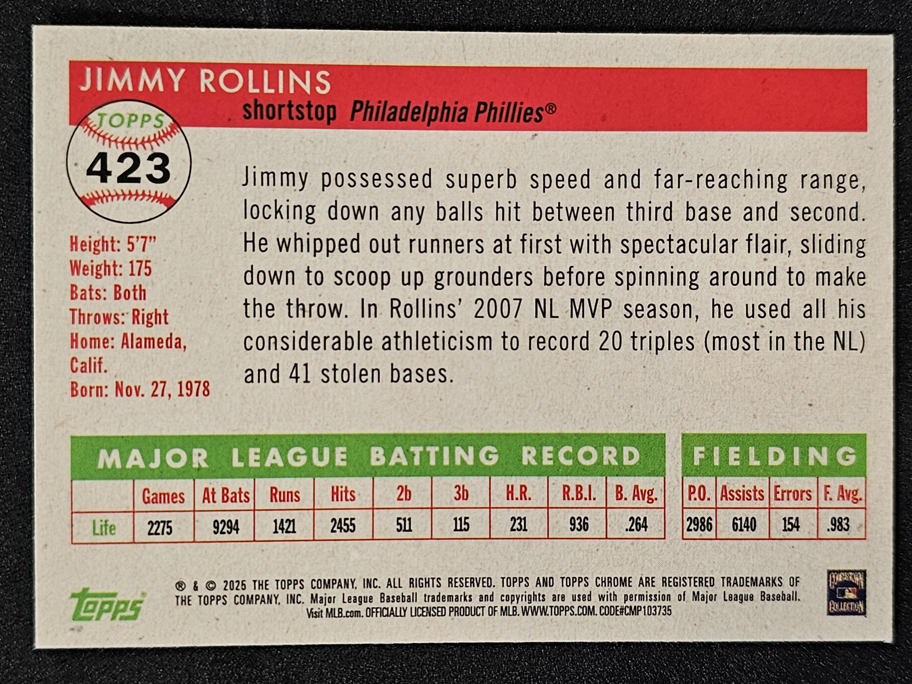 2025 Topps Platinum #423 Jimmy Rollins Blue Pulsar Refractor