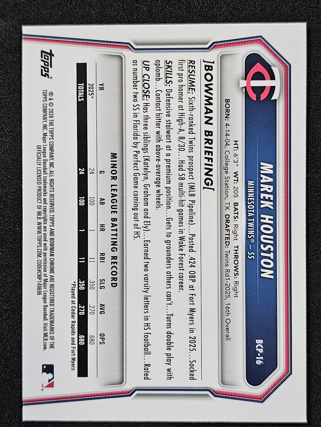 2026 Bowman #BCP-16 Marek Houston Chrome Prospects Mojo Refractor