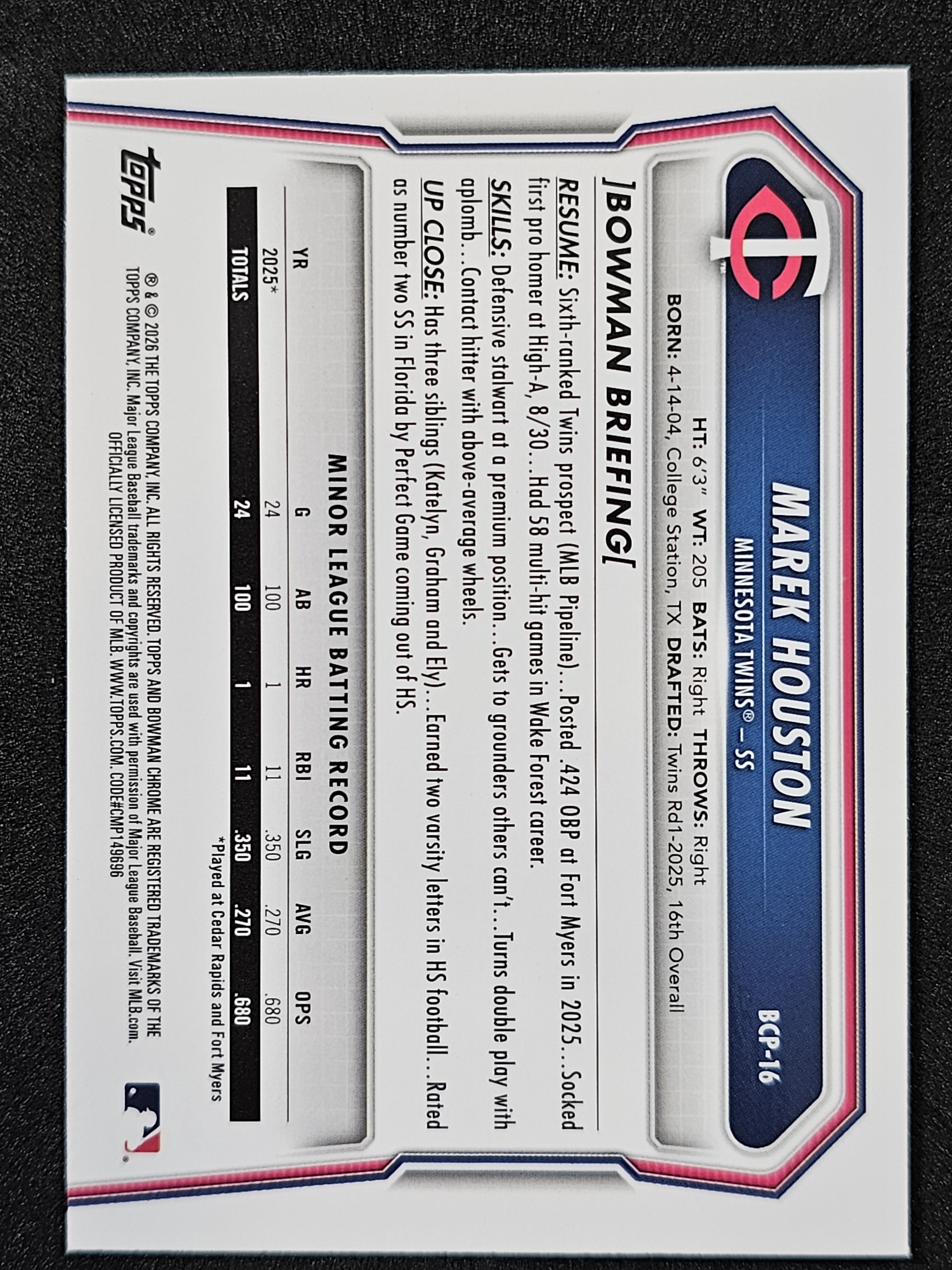2026 Bowman #BCP-16 Marek Houston Chrome Prospects Mojo Refractor