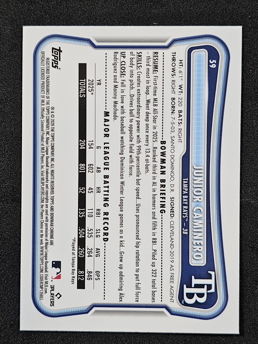 2026 Bowman #59 Junior Caminero Chrome Mojo Refractors