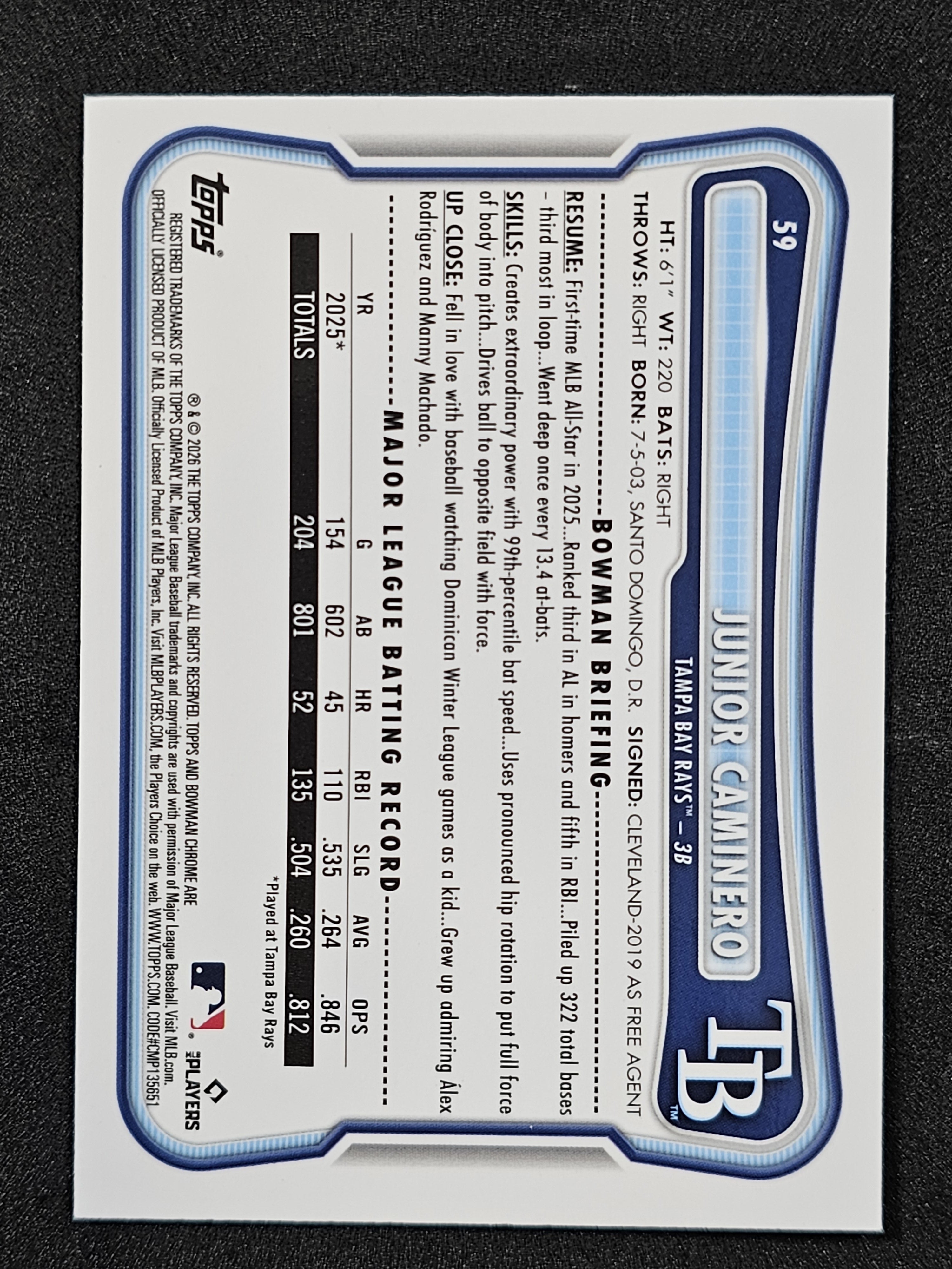 2026 Bowman #59 Junior Caminero Chrome Mojo Refractors