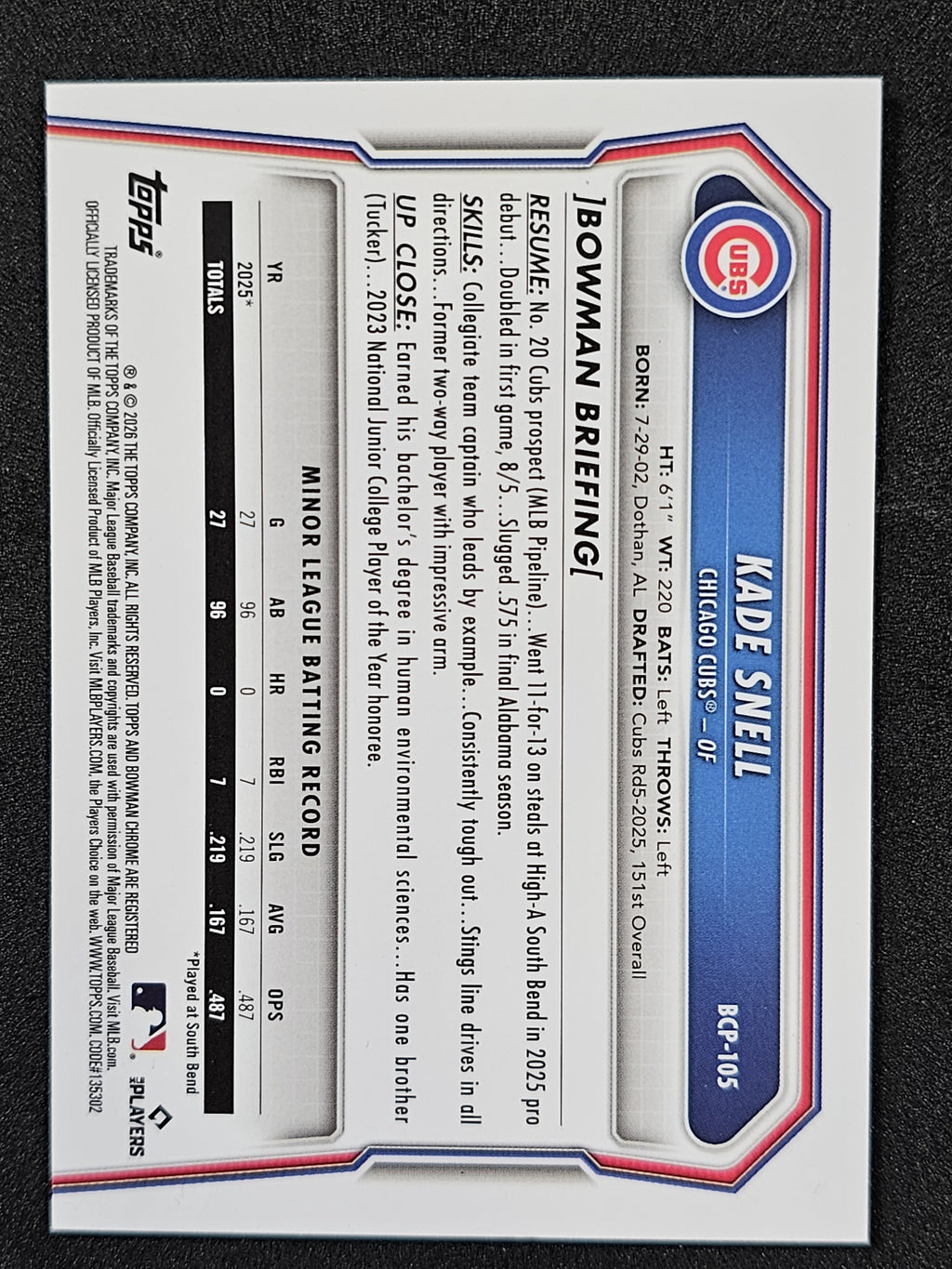 2026 Bowman #BCP-105 Kade Snell Chrome Prospects Reptilian Refractor