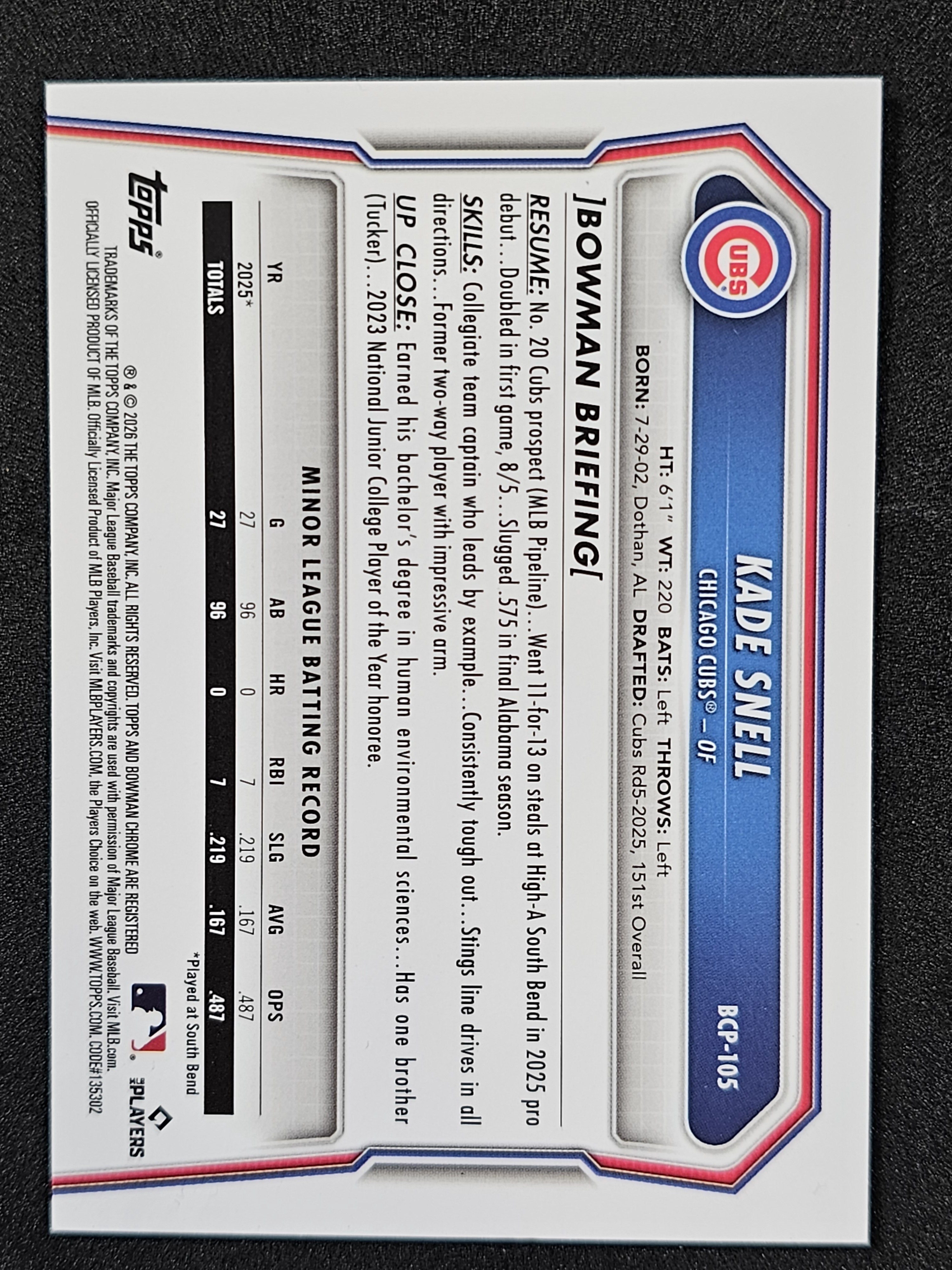 2026 Bowman #BCP-105 Kade Snell Chrome Prospects Reptilian Refractor