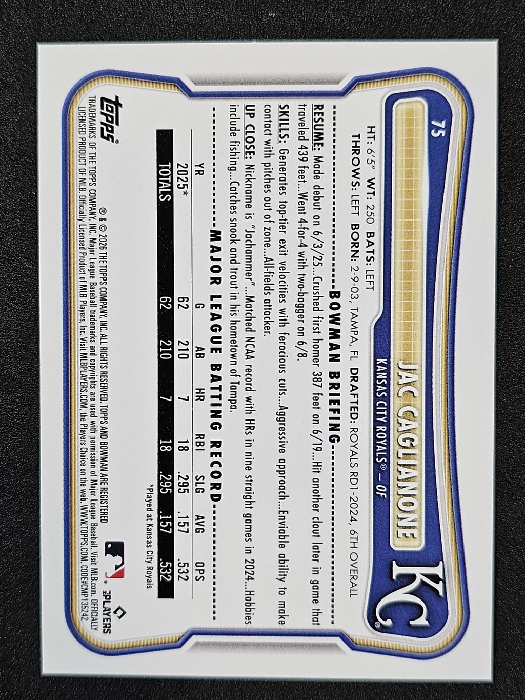 2026 Bowman #75 Jac Caglianone