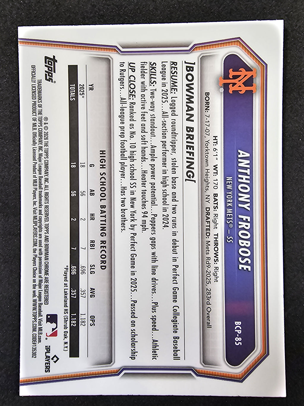 2026 Bowman #BCP-85 Anthony Frobose Chrome Prospects Lazer Refractor