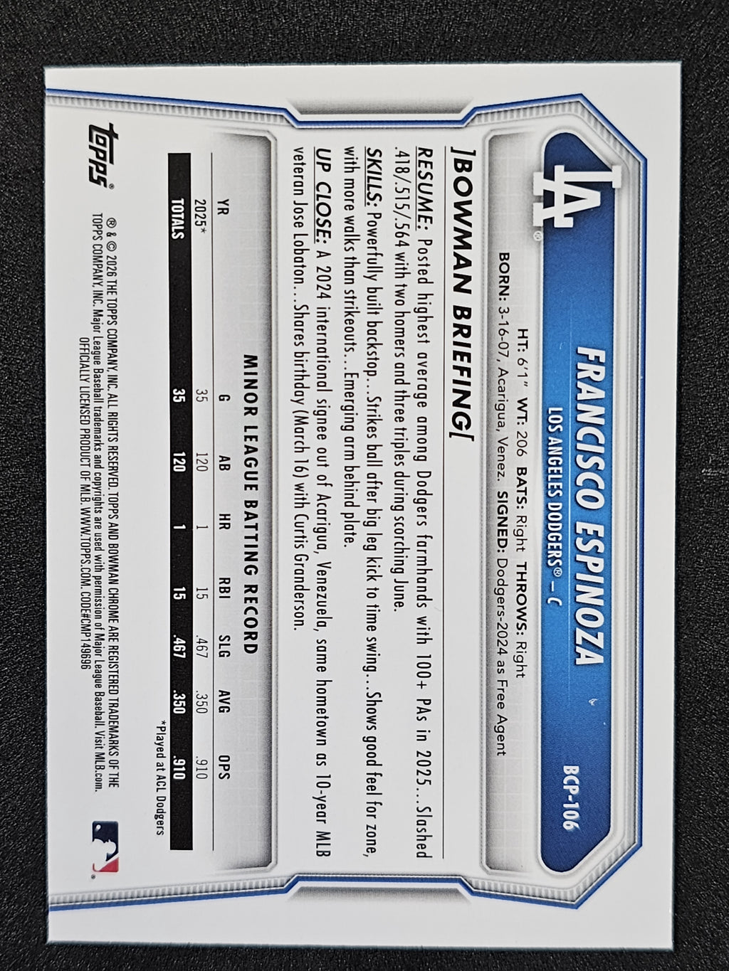 2026 Bowman #BCP-106 Francisco Espinoza Chrome Prospects Mojo Refractor