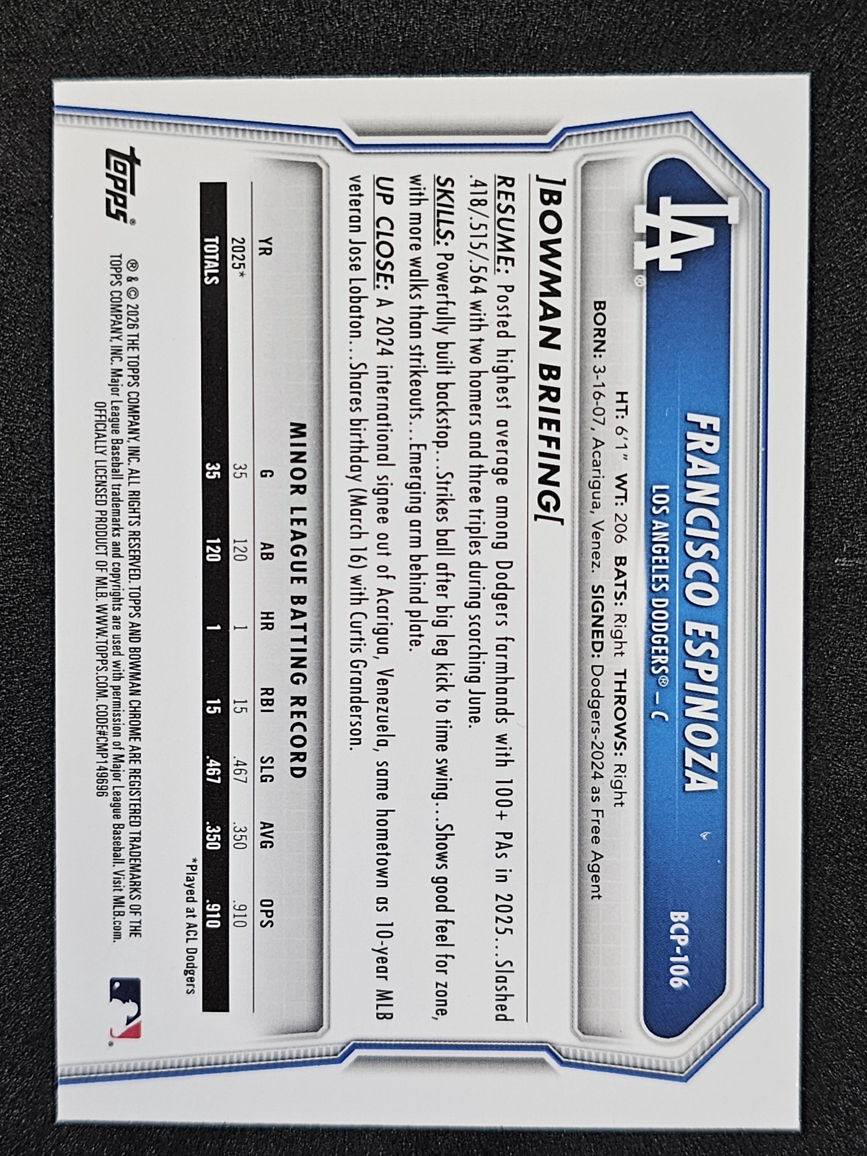 2026 Bowman #BCP-106 Francisco Espinoza Chrome Prospects Mojo Refractor