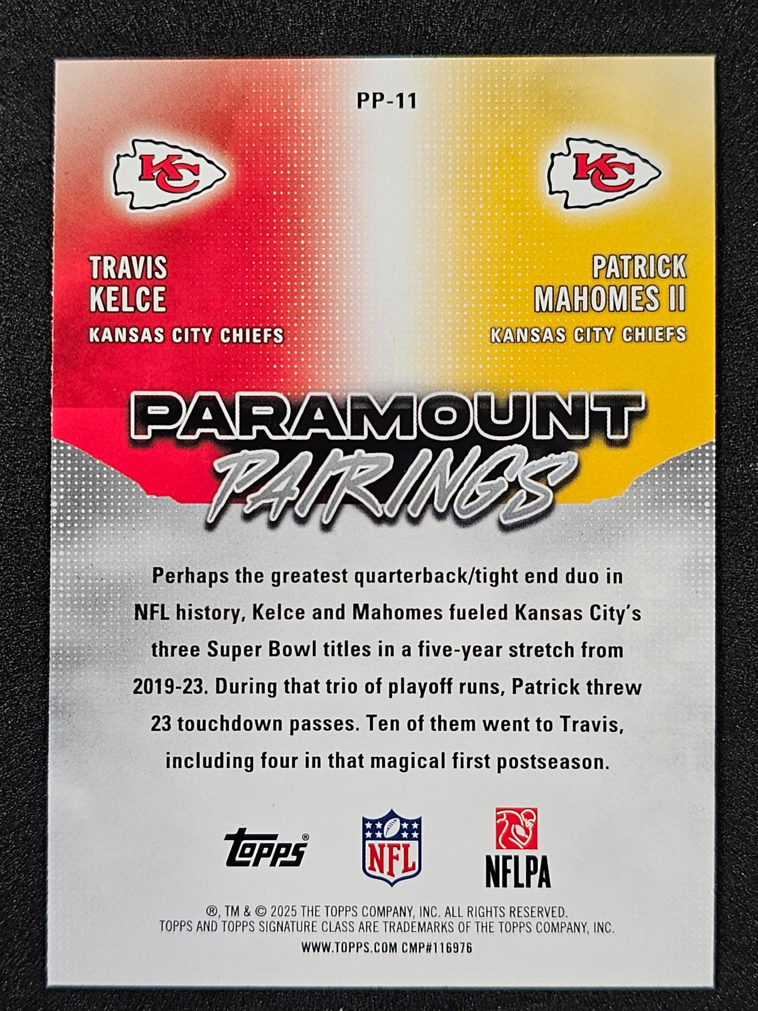 2025 Topps Signature Class #PP-11 Mahomes / Kelce Paramount Pairings