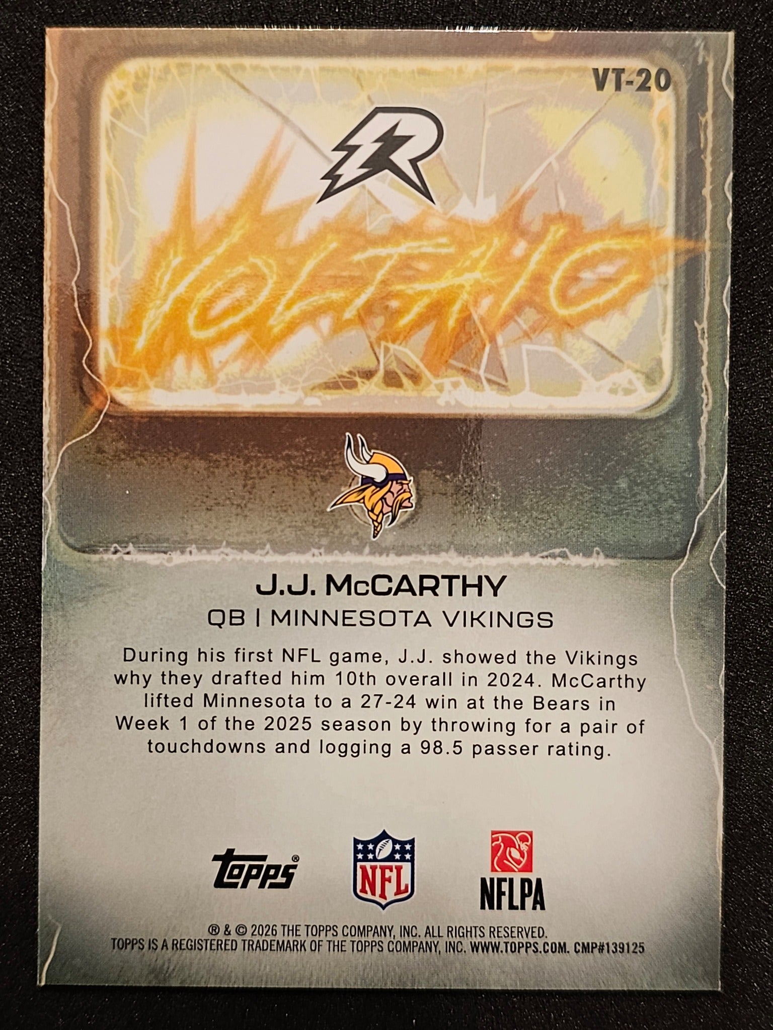 2025 Topps Resurgence #VT-20 J.J. McCarthy Voltaic Yellow Surge Refractor #/225