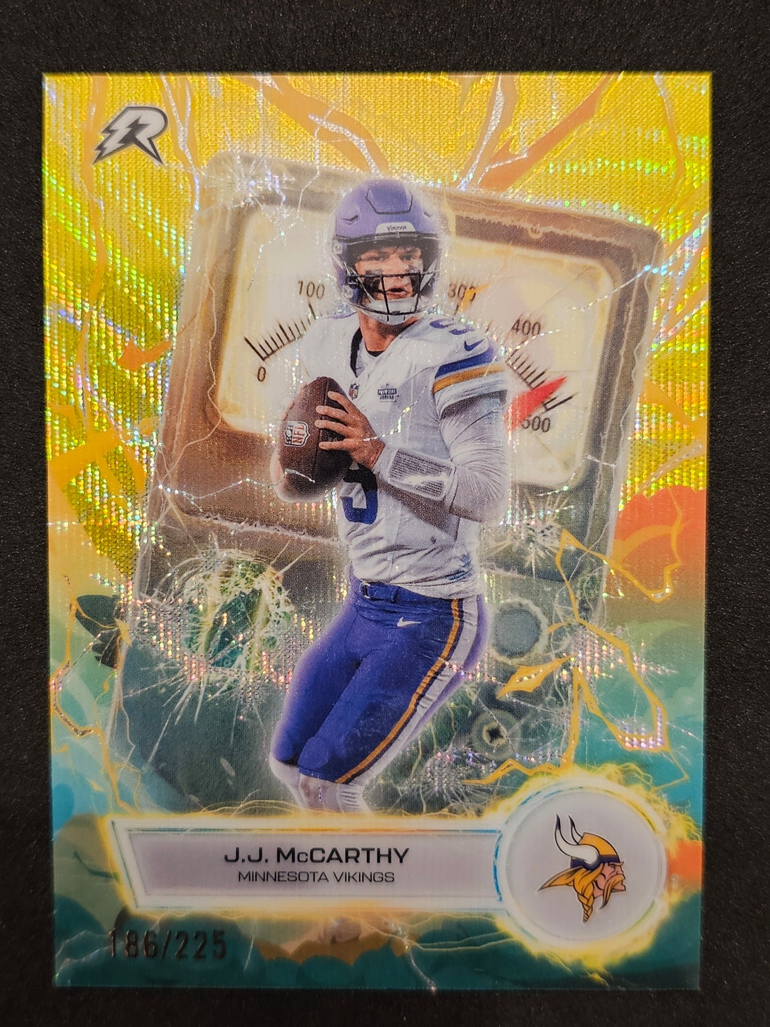 2025 Topps Resurgence #VT-20 J.J. McCarthy Voltaic Yellow Surge Refractor #/225