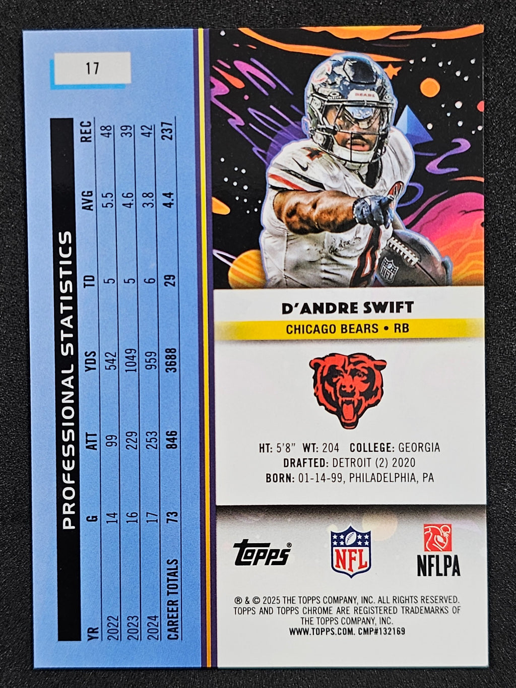 2025 Topps Chrome Cosmic #17 D'Andre Swift Purple Nebula Refractor #/150