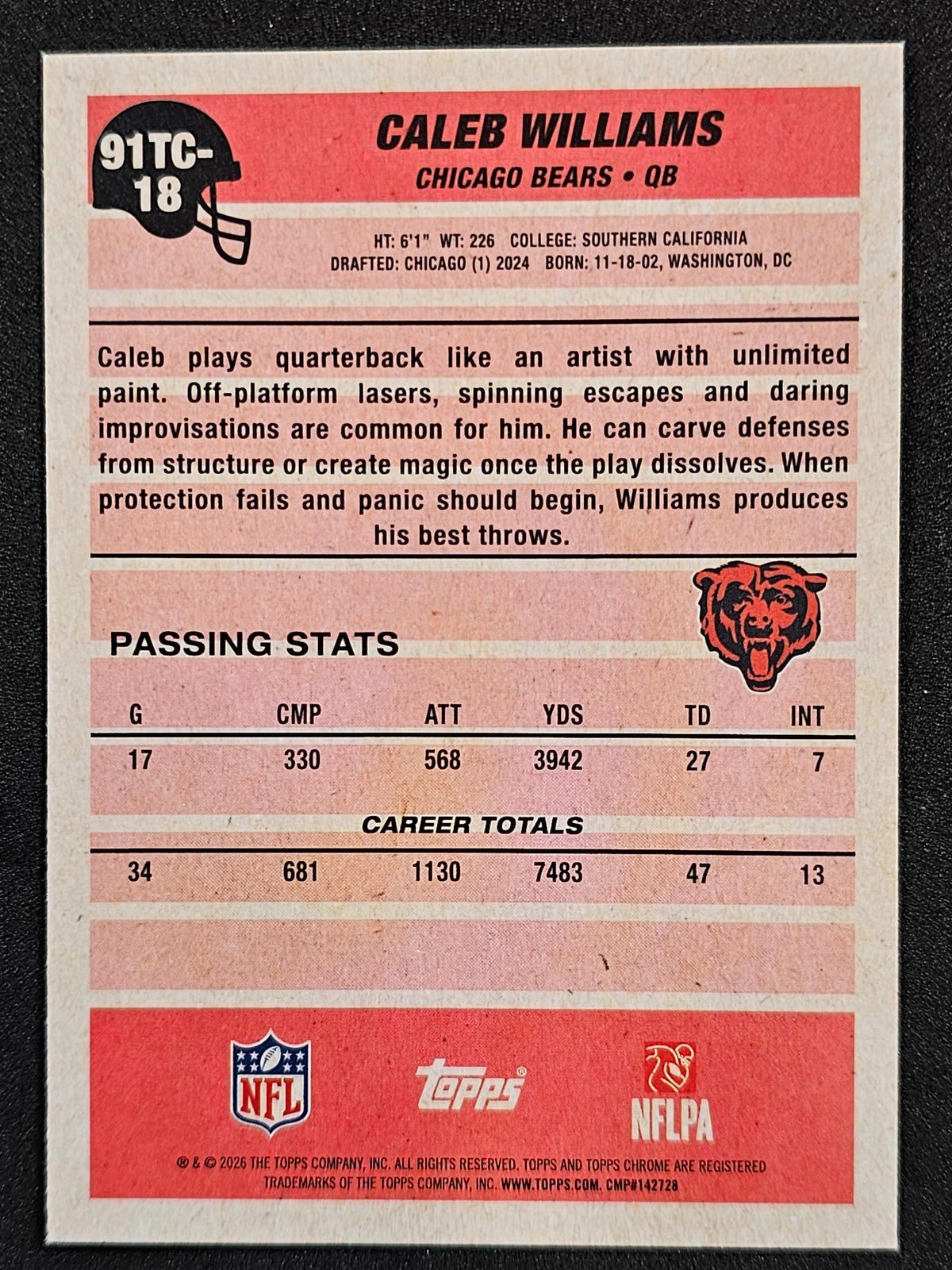 2026 Topps Flagship #91TC-18 Caleb Williams 1991 Topps Football Chrome