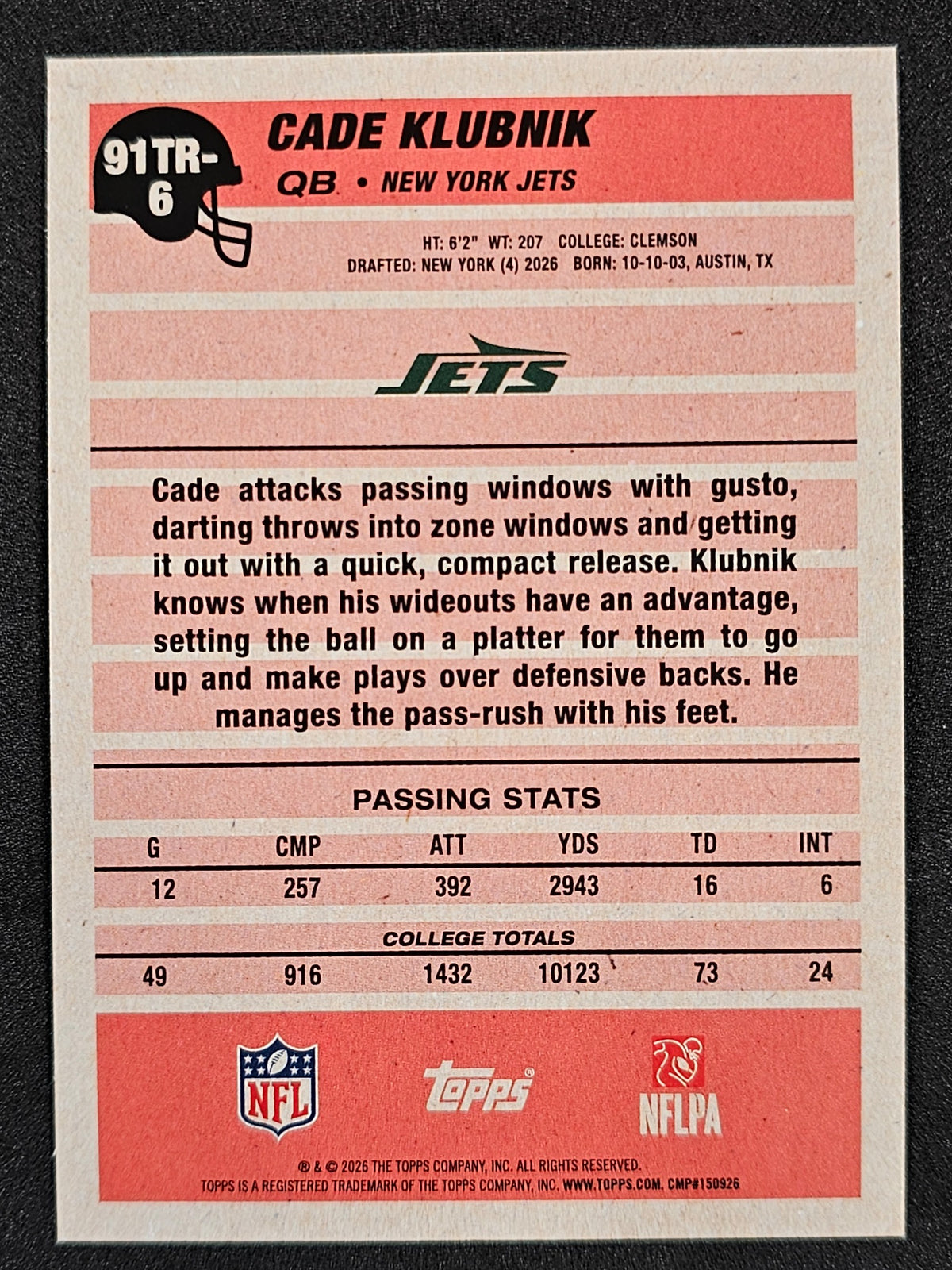 2026 Topps Flagship #91TR-6 Cade Klubnik 1991 Topps Football Rookies Crackle