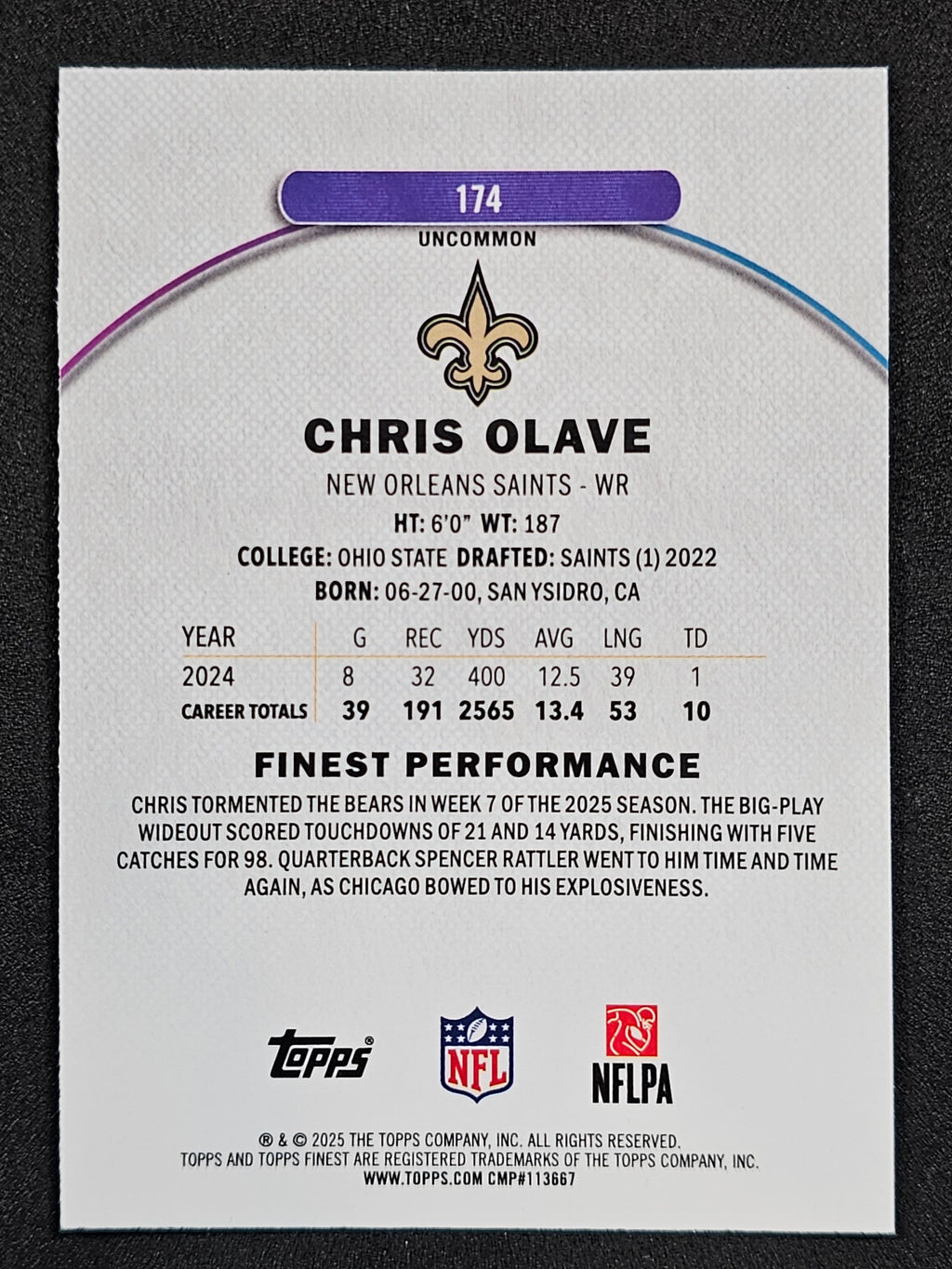 2025 Finest #174 Chris Olave Blue Refractor #/150