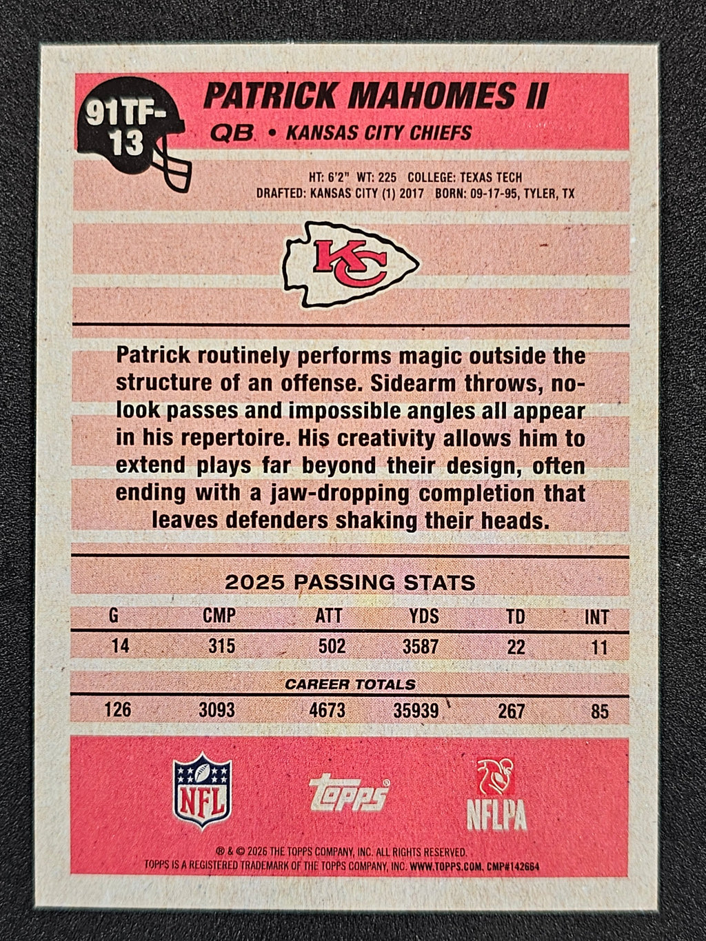 2026 Topps Flagship #91TF-13 Patrick Mahomes II 1991 Topps Football Pink Crackle