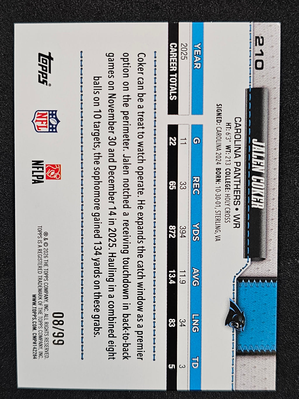 2026 Topps Flagship #210 Jalen Coker Green Holo Foil #/99